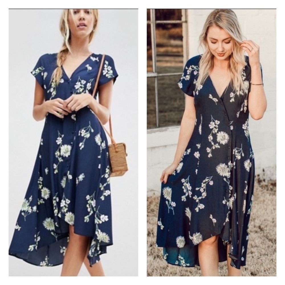 FREE PEOPLE Blue Floral V-Neck Short Sleeve Button Front Midi Dress Large - Picture 9 of 14